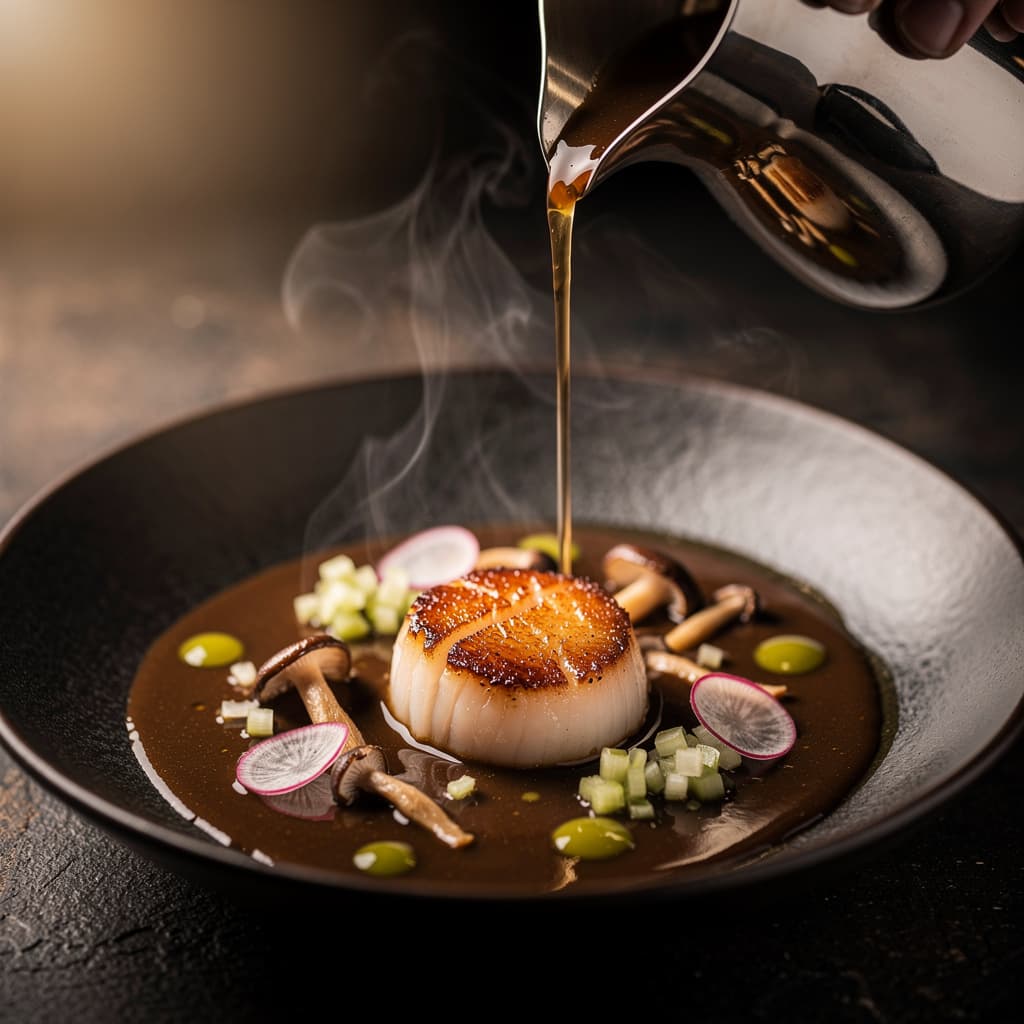 Vieira de Sóller con caldo de setas